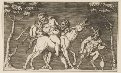 Dwóch satyrów sadzających Silenusa na ryczącym mule i trzeciego satyra po prawej stronie, ca. 1515-27. autorstwa Marco Dente