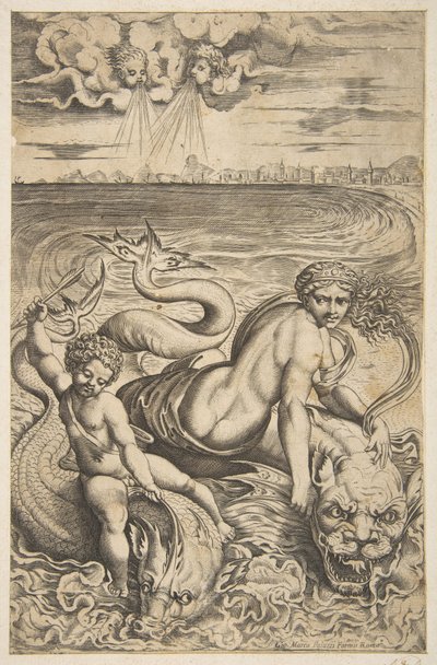 Wenus i Kupidyn dosiadają dwóch morskich potworów, Kupidyn unosi strzałę w prawej ręce, t..., ca. 1515-27. autorstwa Marco Dente