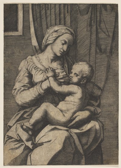 Dziewica karmiąca Dzieciątko Chrystus na kolanach, 1515-20. autorstwa Marco Dente