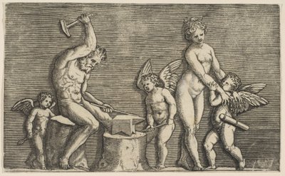 Wulkan siedzący młotkiem w kowadle otoczonym przez Wenus i trzy amorki, ca. 1515-27. autorstwa Marco Dente