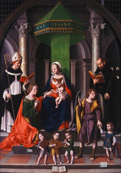 Mistyczne zaślubiny św. Katarzyny z Archaniołem Rafałem i Tobiaszem, autorstwa Marco Palmezzano
