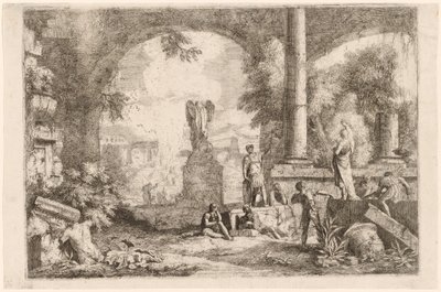 Capriccio antycznych ruin z mężczyznami wpatrującymi się w klasycznego oratora autorstwa Marco Ricci