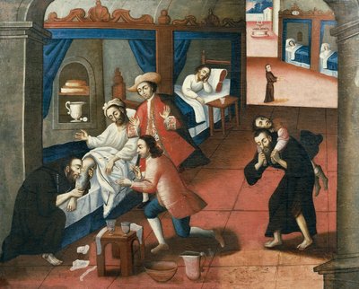 Religijni mężczyźni leczący pacjenta w szpitalu św. Andrzeja w Cuzco (olej na płótnie) autorstwa Marcos Zapata