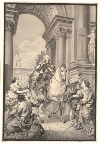 Przygotowanie do malowania: Dania i Norwegia oddają hołd Chr. VI (spalony Christiansborg 1794) autorstwa Marcus Tuscher