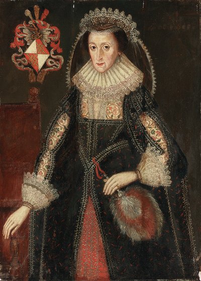 Portret lady Eleanor Dutton, długości trzech czwartych, w eleganckiej sukni, stojącej obok krzesła z herbem rodziny Dutton z Cheshire i Gloucestershire autorstwa Marcus the Younger Gheeraerts