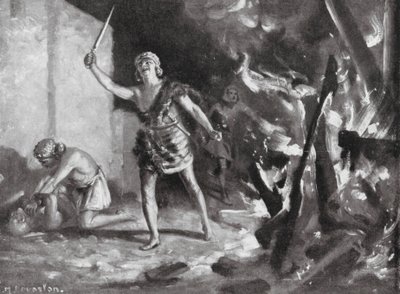 Elamici palący i plądrujący babilońską wioskę (litografia) autorstwa Margaret (after) Dovaston