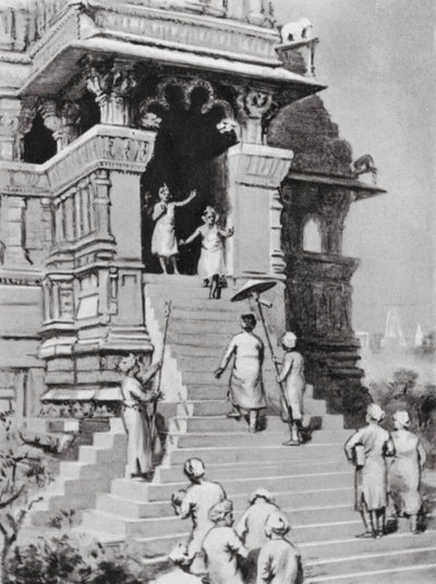 Kirtivarman Chandella odwiedza swoją świątynię w Khajurahu, AD 1065 (litografia) autorstwa Margaret (after) Dovaston