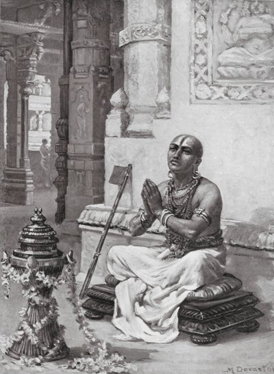Ramanuja kontemplujący swoją Filozofię Jednego Osobowego Boga, AD 1100 (litografia) autorstwa Margaret (after) Dovaston