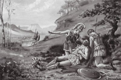 Śmierć Epameinondasa, BC 362 (litografia) autorstwa Margaret (after) Dovaston