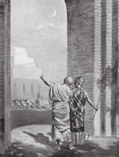 Ur-Engur kontrolujący świątynię boga księżyca w trakcie budowy (litografia) autorstwa Margaret (after) Dovaston