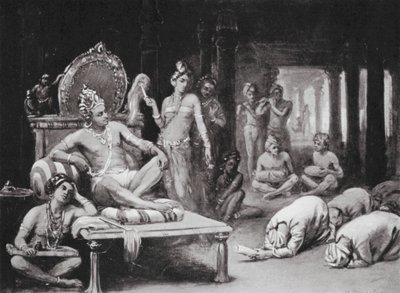 Vikramanka Chalukhya wysyła przyjazny list do Kulottunga Chola (litografia) autorstwa Margaret (after) Dovaston