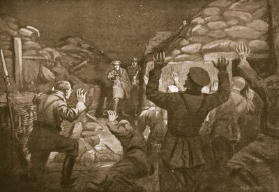 Niemiecki oficer i czternastu jego ludzi woła o litość do porucznika Leacha (litografia) autorstwa Margaret Dovaston
