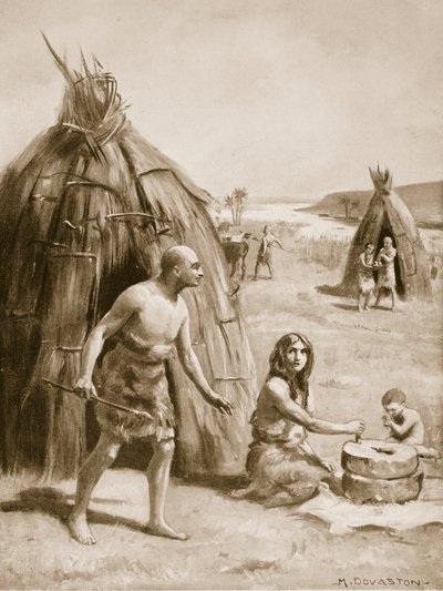Prymitywna sumeryjska osada, ilustracja z "Hutchinsons History of the Nations", ok. 1910 r. (litografia) autorstwa Margaret Dovaston