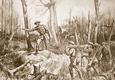 Kapitan (tymczasowy podpułkownik) R.B. Barker organizujący obronę lasu (litografia) autorstwa Margaret Dovaston
