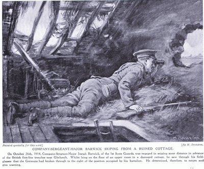 Starszy sierżant kompanii Barwick strzelający ze zrujnowanej chaty w Ghehuvelt, październik 1914 r. (litografia) autorstwa Margaret Dovaston