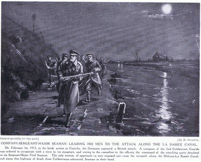 Starszy sierżant kompanii Seaman prowadzący swoich ludzi wzdłuż kanału La Basse, luty 1915 r. (litografia) autorstwa Margaret Dovaston