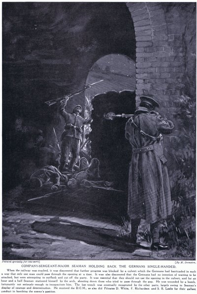 Starszy sierżant kompanii Seaman zdobył DCM za powstrzymanie ataku niemieckiego w lutym 1915 r. (litografia) autorstwa Margaret Dovaston