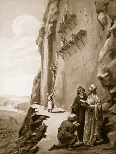 Dariusz nadzorujący inskrypcję w Behistun, ilustracja z "Hutchinson