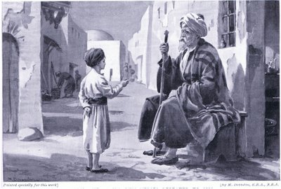 Ferdusi (941-1020 n.e.) słyszy swoje własne wersety powtarzane do niego (litografia) autorstwa Margaret Dovaston