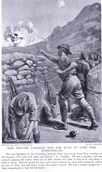 Jak szeregowy Vaughan zdobył DCM pod Lone Pine w Dardanelach w sierpniu 1915 r. (litografia) autorstwa Margaret Dovaston