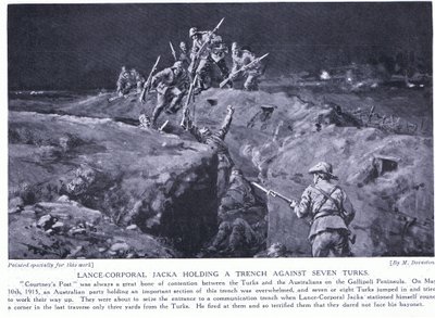 Kapral Jacka zdobywa VC, pokazując, jak jeden człowiek może pokonać siedmiu maj 1915 r. (litografia) autorstwa Margaret Dovaston