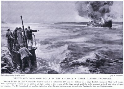 Komandor porucznik Boyle w E14 zatapia duży turecki transport 1915 (litografia) autorstwa Margaret Dovaston