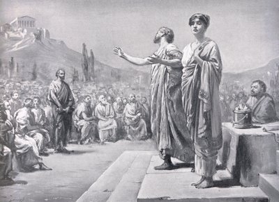 Perykles błagający o Aspazję, ilustracja z "Historii narodów Hutchinsona autorstwa Margaret Dovaston