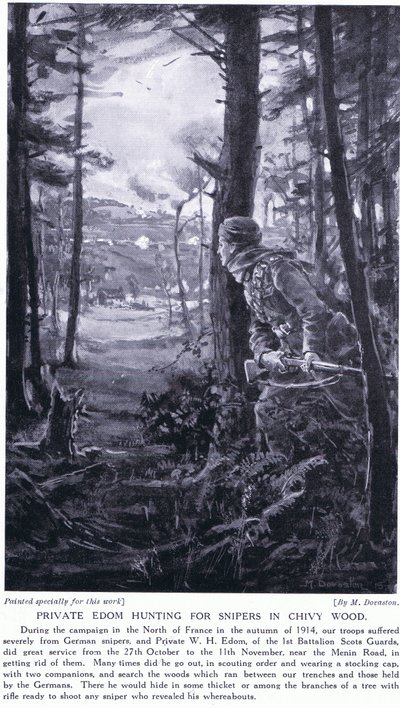 Szeregowy Edom polujący na snajperów w Chivy Wood, jesień 1914 r. (litografia) autorstwa Margaret Dovaston