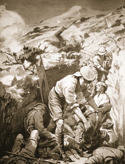 Szeregowi Druall i Smith usuwają rannych z niechronionej i narażonej na ciężki ostrzał mydlarni (litografia) autorstwa Margaret Dovaston