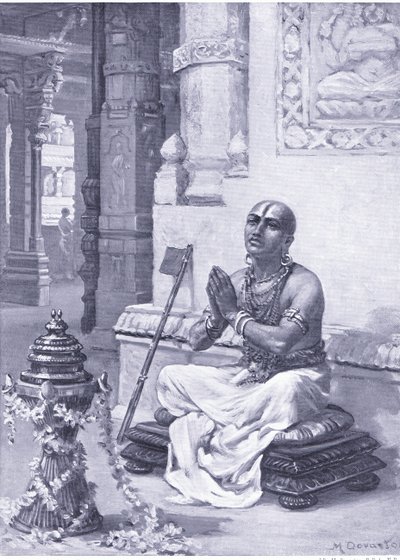 Ramanuja kontemplujący swoją filozofię jednego osobowego Boga, 1100 r. n.e. (litografia) autorstwa Margaret Dovaston