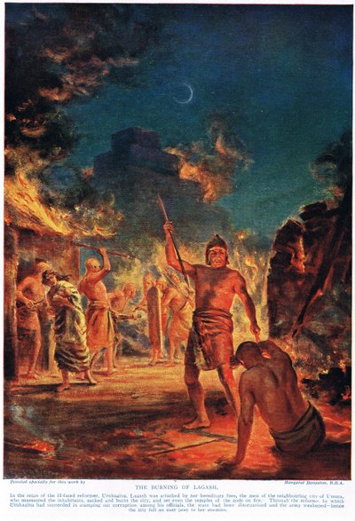 Spalenie Lagasz, ilustracja z "Historii narodów" Hutchinsona (kolorowa litografia) autorstwa Margaret Dovaston