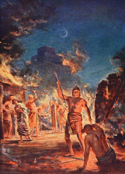 Spalenie Lagasz, ilustracja z "Historii narodów" Hutchinsona, ok. 1910 r. (kolorowa litografia) autorstwa Margaret Dovaston