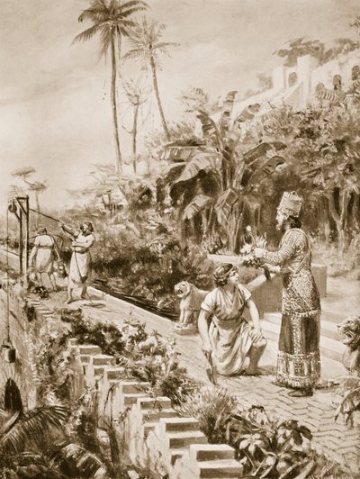 Wiszące ogrody Babilonu, ilustracja z "Historii narodów" Hutchinsona (litografia) autorstwa Margaret Dovaston