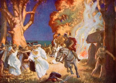 Masakra druidów w Anglesey przez Rzymian w 60 r. n.e., ilustracja z "Hutchinson