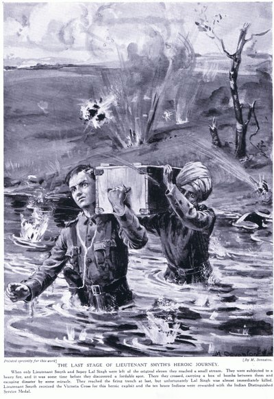 Ostatni etap bohaterskiej podróży porucznika Smytha: Odznaczony Krzyżem Wiktorii w maju 1915 r. (litografia) autorstwa Margaret Dovaston