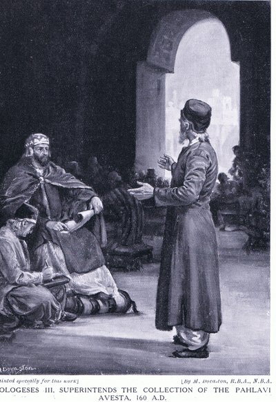 Vologeses III nadzoruje kolekcję Pahlavi Avesta 160AD (litografia) autorstwa Margaret Dovaston