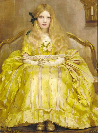Portret dziewczynki, mały, pełnometrażowy, w żółtej sukience, trzymającej wachlarz, we wnętrzu autorstwa Margaret Fletcher