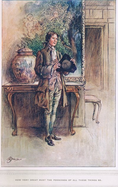 „Jak wielki musi być posiadacz wszystkich tych rzeczy”, ilustracja z „Wikariusza Wakefielda” Olivera Goldsmitha, ok. 1910 autorstwa Margaret Jameson