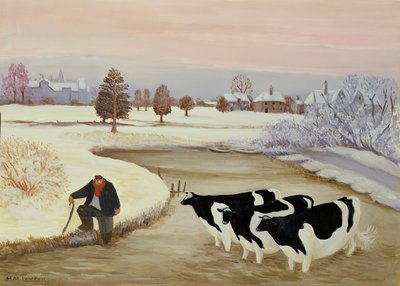Krowy w rzece zimą autorstwa Margaret Loxton