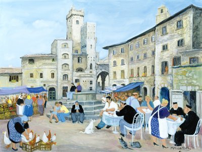 Pora obiadowa na rynku w Toskanii (olej na płótnie) autorstwa Margaret Loxton
