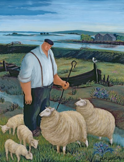 Pasterz z owcami w krajobrazie rzecznym autorstwa Margaret Loxton