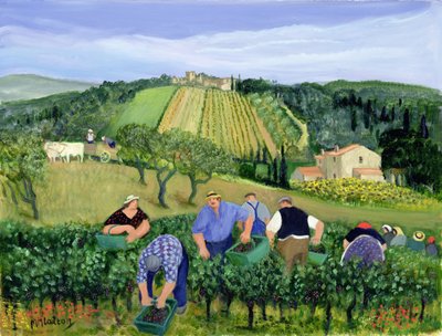 Winnica, oliwki i słoneczniki (olej na płótnie) autorstwa Margaret Loxton
