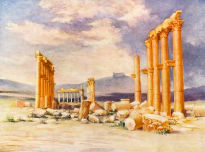 Kolumnada, Palmyra, z zamkiem Druzów w oddali (kolorowa litografia) autorstwa Margaret Thomas
