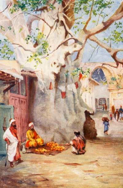 Wielki platan na bazarze w Damaszku (kolorowa litografia) autorstwa Margaret Thomas
