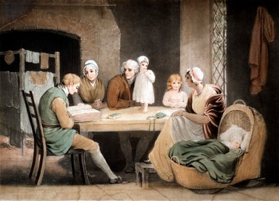 Trzy pokolenia słuchają czytania Biblii rodzinnej, ok. 1800 r. autorstwa Maria Spilsbury