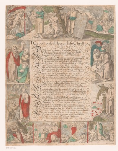 Wykaligrafowany tekst przedstawiający sceny z życia Chrystusa T Modlitwa Onses Heeren Iesu Christi (tytuł na obiekcie) autorstwa Maria Strick Becq