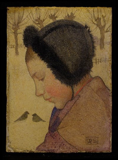 Głowa młodej dziewczyny w futrzanej czapce (olej i zaprawa na pokładzie) autorstwa Marianne Stokes