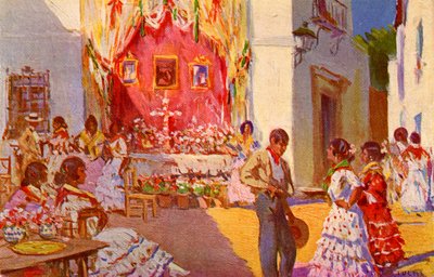 Ołtarz uliczny z okazji festiwalu Cruz de Mayo. Sewilla, Hiszpania (ilustracja) autorstwa Mariano Bertuchi