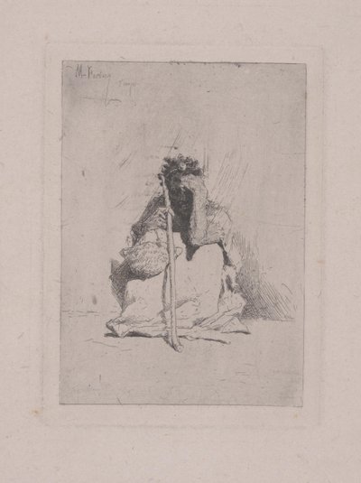 Bez tytułu - Przyczajona postać z laską (akwaforta) autorstwa Mariano José María Bernardo Fortuny y Carbó