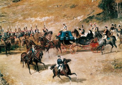 Królowa Maria Cristina i jej córka Izabela II, dokonując przeglądu baterii artyleryjskich broniących Madrytu w 1837 r. 1866 (olej na płótnie) autorstwa Mariano José María Bernardo Fortuny y Carbó